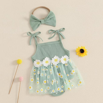 Baby Girl Clothes Daisy Ribbed Bodysuit Sleeveless Romper Dress Summer Outfit for Girls Newborn 3 6 9 12 18 Months