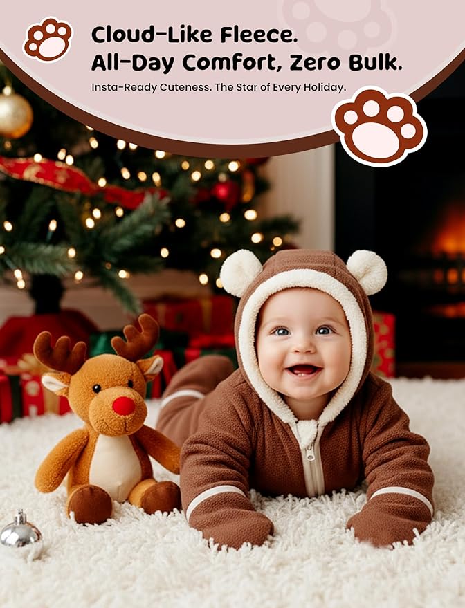 PATPAT Fleece Hooded Footed Clothes, Soft Warm Footie Covers, Car Seat Friendly, Easy Zip,Cute Romper Newborn Infant Jumpsuit
