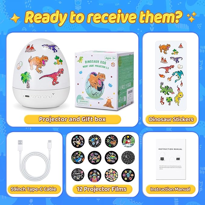 Egg Light Dinosaur Toys for Kids 3-5 | 15 Sleeping Sounds+12HD Films+7 Colors+360°Rotating | Easter Dinosaur Dinosaurs Primal Hatch Boy Toys for Boys Star Projector Sound Machine Egg Light for Nursery