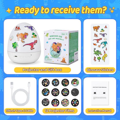 Egg Light Dinosaur Toys for Kids 3-5 | 15 Sleeping Sounds+12HD Films+7 Colors+360°Rotating | Easter Dinosaur Dinosaurs Primal Hatch Boy Toys for Boys Star Projector Sound Machine Egg Light for Nursery