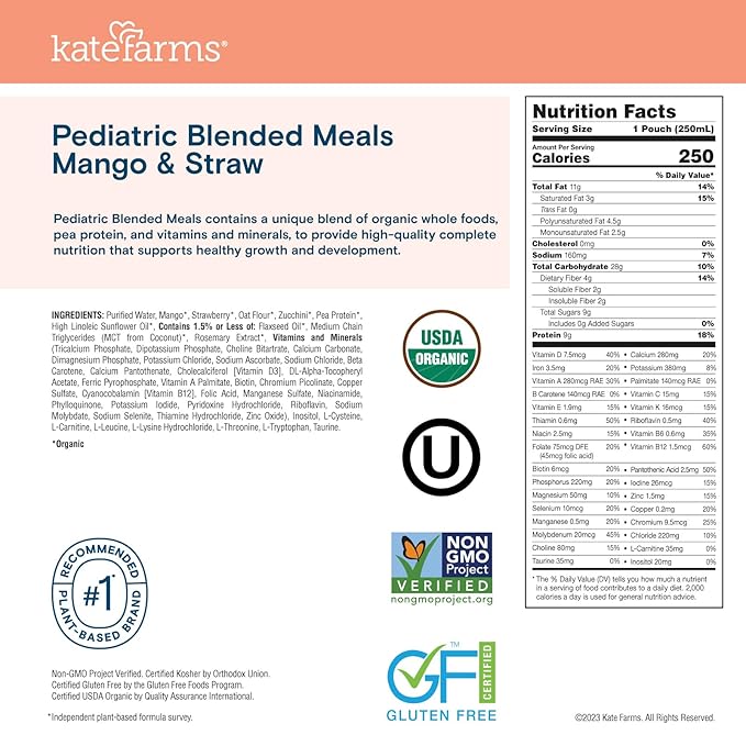 KATE FARMS Organic Pediatric Blended Meal, Mango and Strawberry, 8g protein, organic whole foods, oral or tube feed nutrition, Gluten Free, Non-GMO, 8.45 oz (12 Pack)