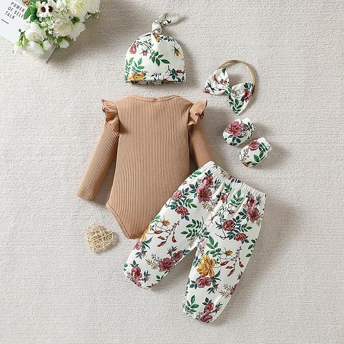 ChuYuKu Baby Girls Newborn Long Sleeve Romper Infant Winter Clothes Floral Pants Outfits with Headband & Mittens 0-6M