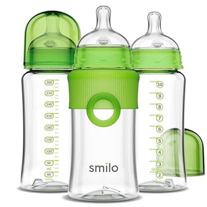 Smilo Baby Bottle Set with Stage 0 Slow Flow Anti Colic Nipple, 10 Oz / 300 ml Capacity, 3X Pack of Anti Colic Baby Bottles 0-3 Months - Green