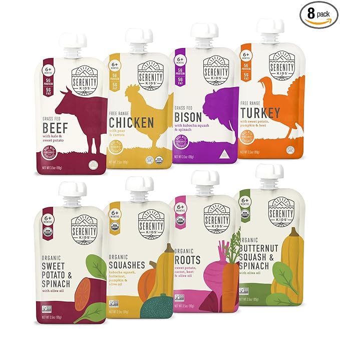 Serenity Kids 6+ Months Baby Food Pouches - 5g Protein Nutrient-Packed Organic Baby Food - No Added Sugar & Veggie-Packed Toddler Snack - On-the-Go Pouch for Toddler Meals - 8 Count, 3.5 oz
