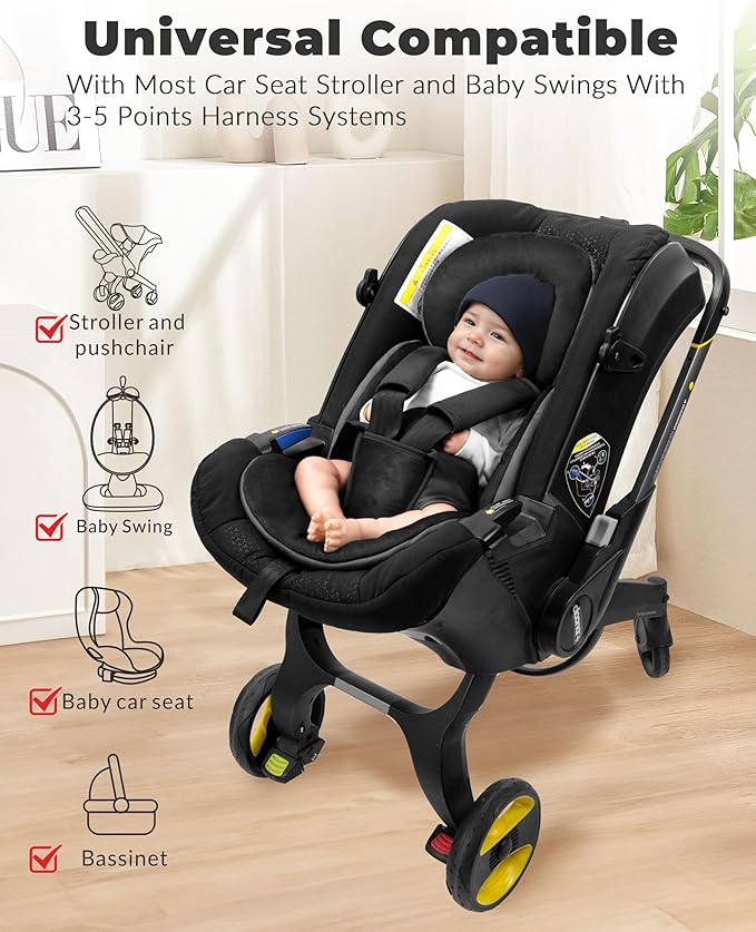 Infant Car Seat Insert with Removable Cushion for Preemie to Toddler, Reversible Newborn Carseat Insert for Baby Head Body Support, Fits for Stroller, Baby Swing, Bouncer (Pure Black)