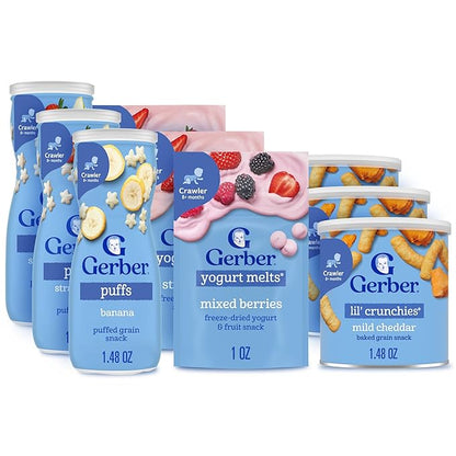 Gerber Strawberry Yogurt Melts, Mixed Berries Yogurt Melts, Banana Puffs, Strawberry Apple Puffs, Mild Cheddar Lil' Crunchies, 9-Pack