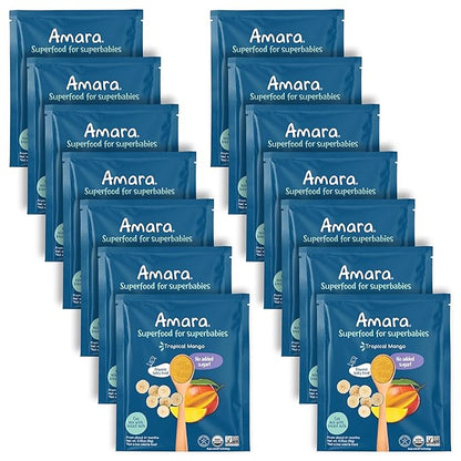 Amara Organic Baby Food - Stage 2 - Tropical Mango - Baby Cereal to Mix With Breastmilk, Water or Baby Formula - Shelf Stable Baby Food Pouches Made from Organic Fruit - 14 Pouches, 3.5oz Per Serving
