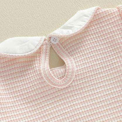 Gaono Newborn Baby Girl Romper Waffle Knit Striped Long Sleeve Doll Collar Heart Bow Jumpsuit Bodysuit Fall Winter Clothes
