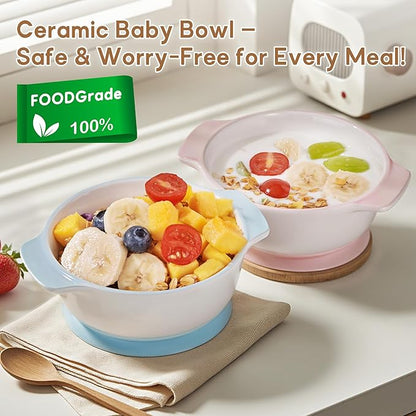 Ceramic Suction Bowl for Babies and Toddlers, Non-Slip Silicone Suction Cup, BPA-Free Lids, Independent feeding, First Stage Self Feeding Essential, Baby-Led Weaning Snack Feeder