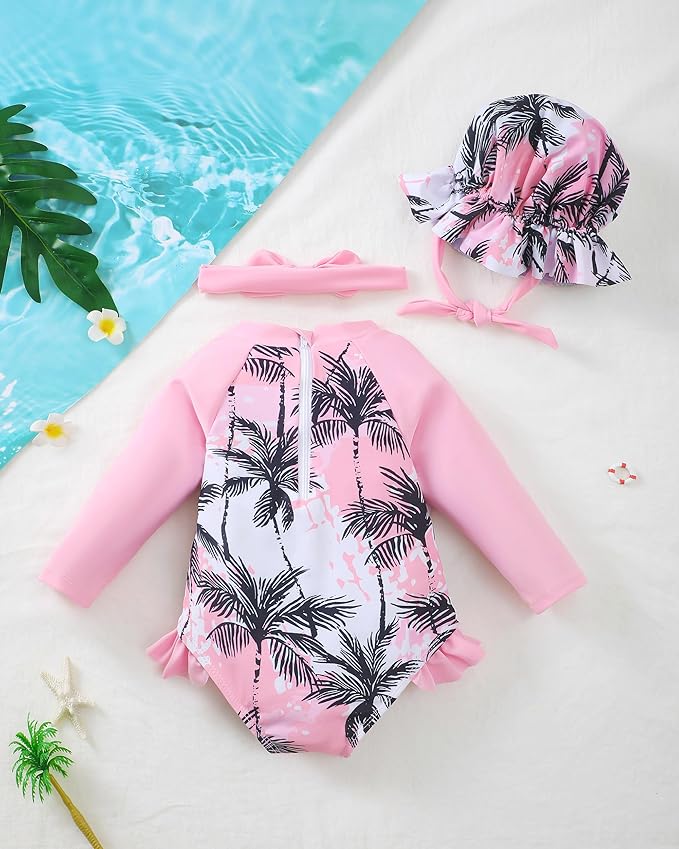 Renotemy Baby Girls Swimsuit Summer Infant Girl Bathing Suit Zipper Long Sleeve One-Piece Rash Guard Swimwear with Hat 3M-3Y