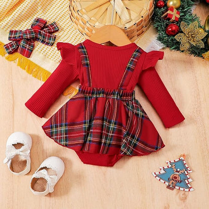 Hnyenmcko Newborn Baby Girl Christmas Clothes Infant Red Plaid Romper Dress Ruffle Long Sleeve Ribbed Bodysuit Headband Set