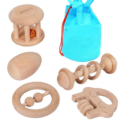 TOWO Wooden Rattles Maracas Baby Toys 6 Months-Organic Eco Toys for Infant Grasping Teething Natural Tether Musical Instrument Shaker Sensory Brain Development Newborn Birth Gift for Boys Girls