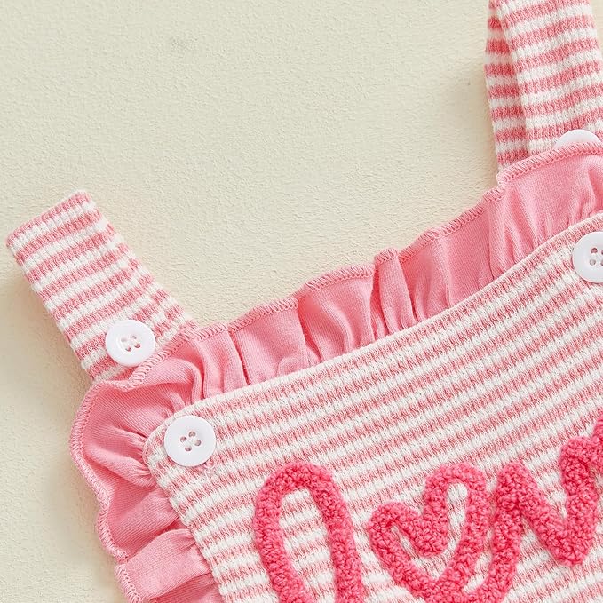 Toddler Baby Girl Valentines Day Outfit Infant Love Romper Ruffle Jumpsuit Overalls Cute Spring Valentines Clothes