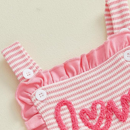 Toddler Baby Girl Valentines Day Outfit Infant Love Romper Ruffle Jumpsuit Overalls Cute Spring Valentines Clothes