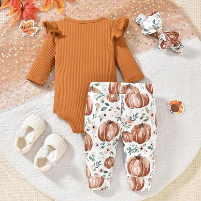 Aalizzwell Preemie Newborn Infant Baby Girls Clothes Ribbed Romper Bodysuit Pants Set Fall Winter Outfits