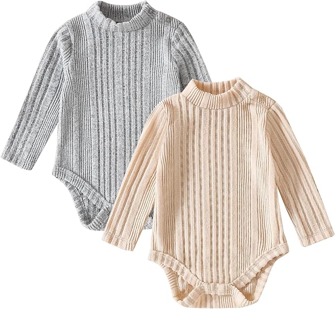 DEFAHN Baby Turtleneck Bodysuit Long Sleeve Boy Girl Ribbed Knit Jumpsuit Outfit 2 Pack Baby Solid Onsies 0-24 Months