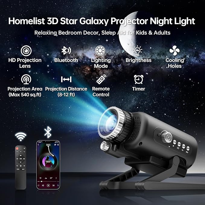 Homelist Sleep Aid Night Light for Kids & Adults with White Noise & Bluetooth Speaker, 60 Scenes Galaxy Star Projector Light Gifts for Bedroom Relaxation, Party, Birthday, Valentine's Day