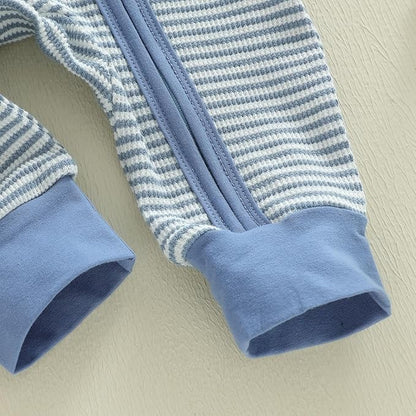 Karuedoo Newborn Infant Baby Boy Clothes Striped Waffle Long Sleeve Zipper Romper Jumpsuit One-Piece Fall Winter Outfit
