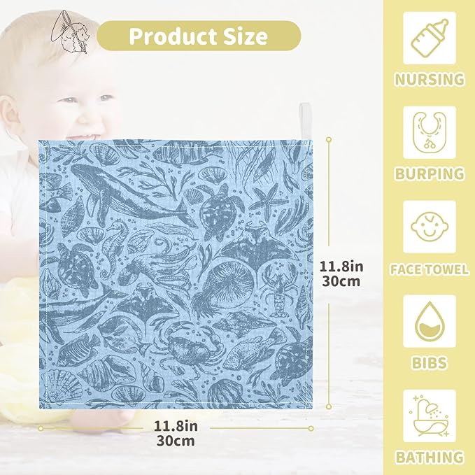 vvfelixl Whale Dolphin Octopus Shark Baby Burp Cloths Baby Muslin Washcloths for Boys Girls Cotton Baby Face Towel for Newborn Infants Soft and Absorbent 11.8 X 11.8 in, 5 Pack