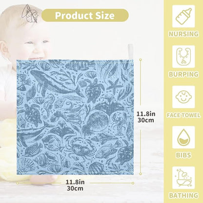 vvfelixl Whale Dolphin Octopus Shark Baby Burp Cloths Baby Muslin Washcloths for Boys Girls Cotton Baby Face Towel for Newborn Infants Soft and Absorbent 11.8 X 11.8 in, 5 Pack