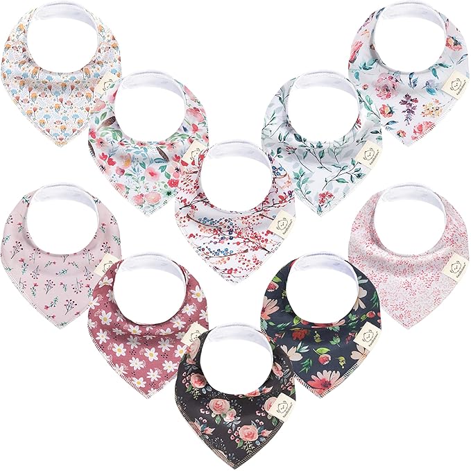 KeaBabies 10-Pack Organic Baby Bandana Bibs for Girls - Super Absorbent Triangle Baby Bibs for Drooling and Teething Infant, 100% Cotton Extra Soft for Newborn, Infant 0-36 Months (Tea Party)