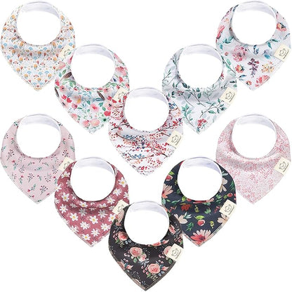 KeaBabies 10-Pack Organic Baby Bandana Bibs for Girls - Super Absorbent Triangle Baby Bibs for Drooling and Teething Infant, 100% Cotton Extra Soft for Newborn, Infant 0-36 Months (Tea Party)