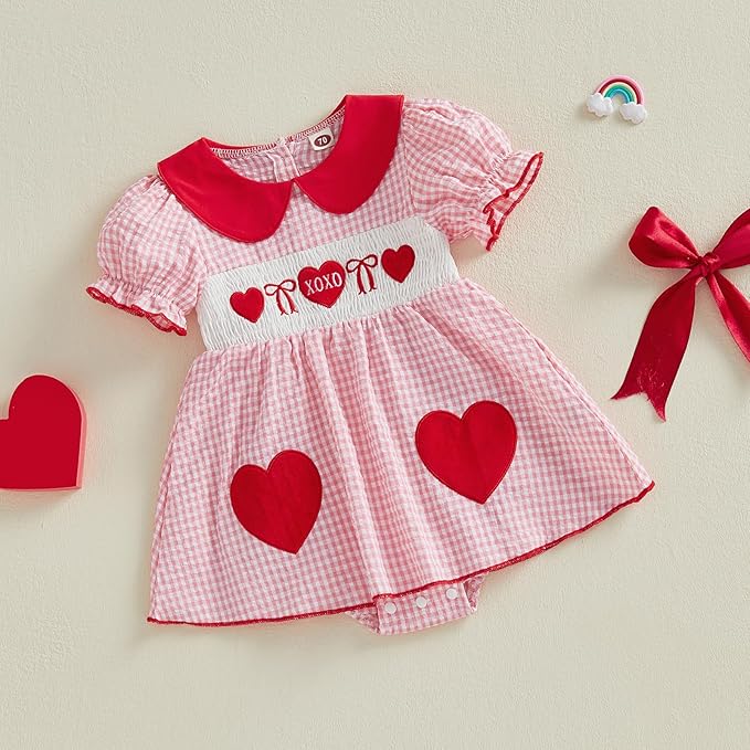 Baby Girl Valentines Day Outfit Newborn Romper Dress Heart Embroidery Puff Short Sleeve Plaid Skirt Hem Jumpsuit