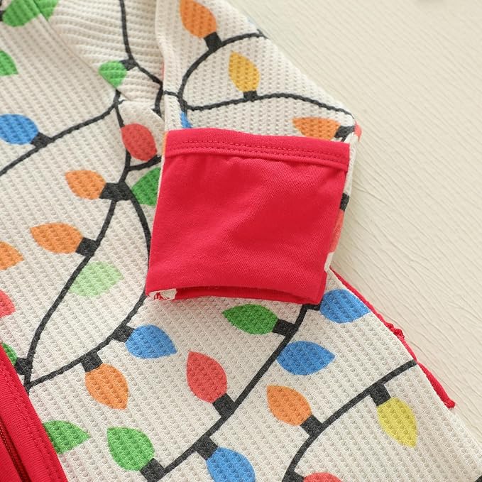 Baby Girl Boy Christmas Outfit Long Sleeve Lights Zipper Footie Romper Cute Newborn Infant Waffle Jumpsuit