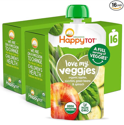 HAPPYTOT Organics Stage 4 Baby Food Pouches,Gluten Free, Vegan Snack, Love My Veggies, Fruit & Veggies Puree, Apples, Zucchini, Green Beans & Spinach 4.22 oz Pouch (Pack of 16)