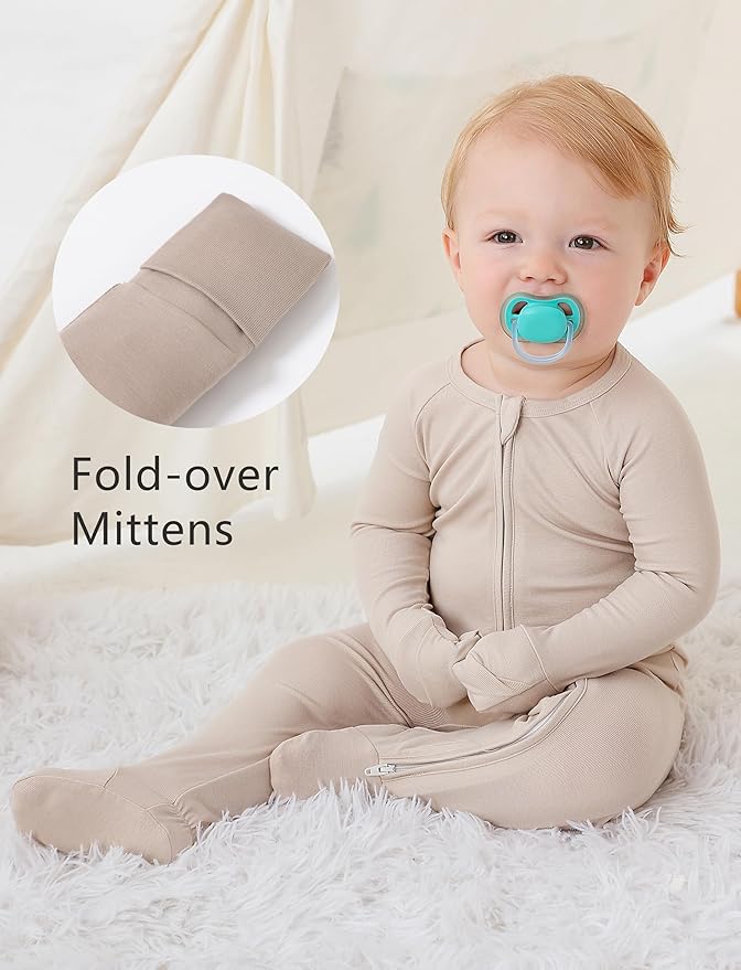 JunNeng Viscose from Bamboo Baby Sleeper,Newborn Footie Pajamas with 2 Way Zipper & Fold Over Mittens,0-12M
