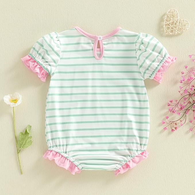Twopumpkin Baby Girl Striped Bubble Romper Newborn Toddler Short Sleeve Ruffle Cotton Onesie Cute Summer Outfit Clothes