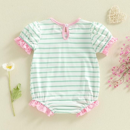 Twopumpkin Baby Girl Striped Bubble Romper Newborn Toddler Short Sleeve Ruffle Cotton Onesie Cute Summer Outfit Clothes