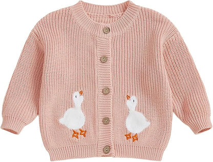 Baby Girl Cardigan Sweater Toddler Goose Embroidered Button Down Knit Sweaters Fall Winter Knitwear Jacket Clothes