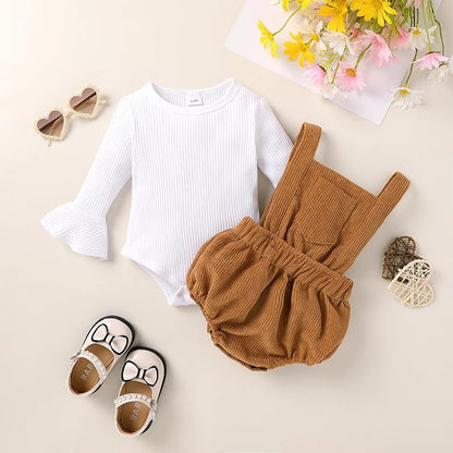 Tiny Cutey Newborn Baby Girl Clothes Bell Sleeve Romper and Corduroy Overalls Shorts Infant Girl Fall Outfits