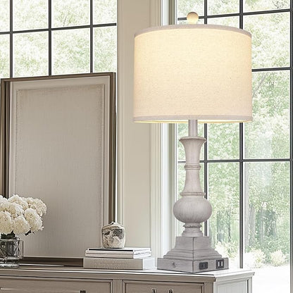 26" Farmhouse Lamp with 2 USB Ports & AC Outlet, Vintage Rustic Touch Control Bedside Lamp, Resin 3-Way Dimmable Nightstand Lamp Fabric Shade for Living Room Bedroom Decor Gray(LED Bulb Included)