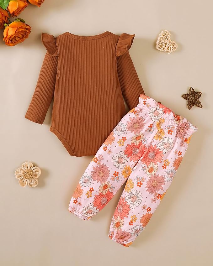 Jecson Newborn Baby Girl Clothes: Soft Cotton Infant Outfits Ruffles Sleeve Romper & Pants Set Cute Fall Home Outing 0-18M