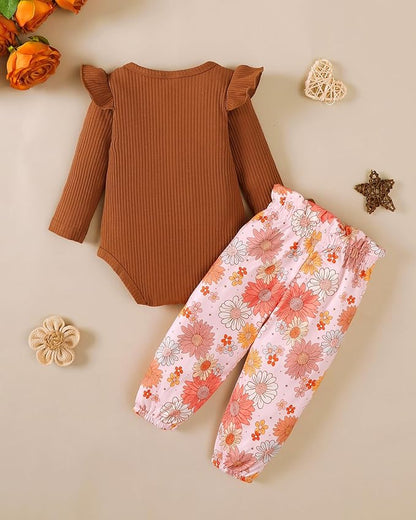 Jecson Newborn Baby Girl Clothes: Soft Cotton Infant Outfits Ruffles Sleeve Romper & Pants Set Cute Fall Home Outing 0-18M
