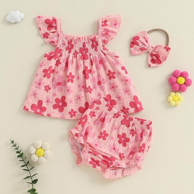Mubineo Baby Girl Summer Clothes Cute Ruffle Tops Dress Shorts Outfits Set Infant Toddler Shrit Bloomers Princess Outfit