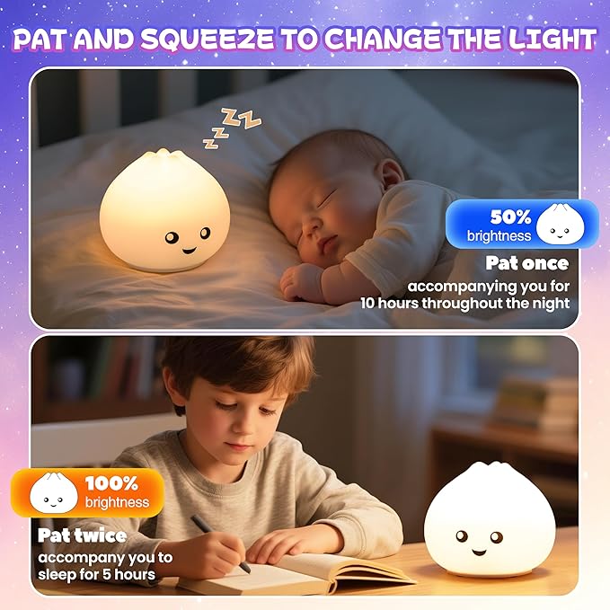 Night Light for Kids, Rechargeable Dimmable Silicone LED Nightlight with 7 Colors, Baby Nursery Night Lamp, Touch Squishy Lamp, Cute Gifts for Girls, Boys, Toddler Room Decor, Dumpling