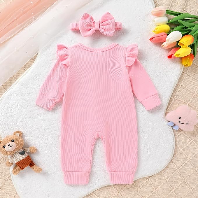 Newborn Baby Girl Cute Bear Ruffle Long Sleeve Jumpsuit Ribbed Bodysuit One-Piece Button Romper with Headband 0-18M
