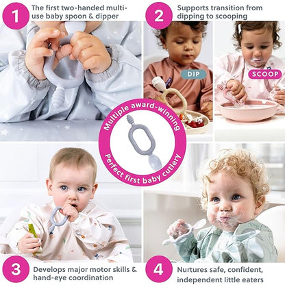Bibado - Dippit Baby Spoon and Dipper, Mist (2-Pack) - Soft, Chewable Dipper & Deep Spoon - Two-Hand, Sensory Grip - Toddler Utensils - Baby Led Weaning Supplies - Baby Essentials - 6 Months+