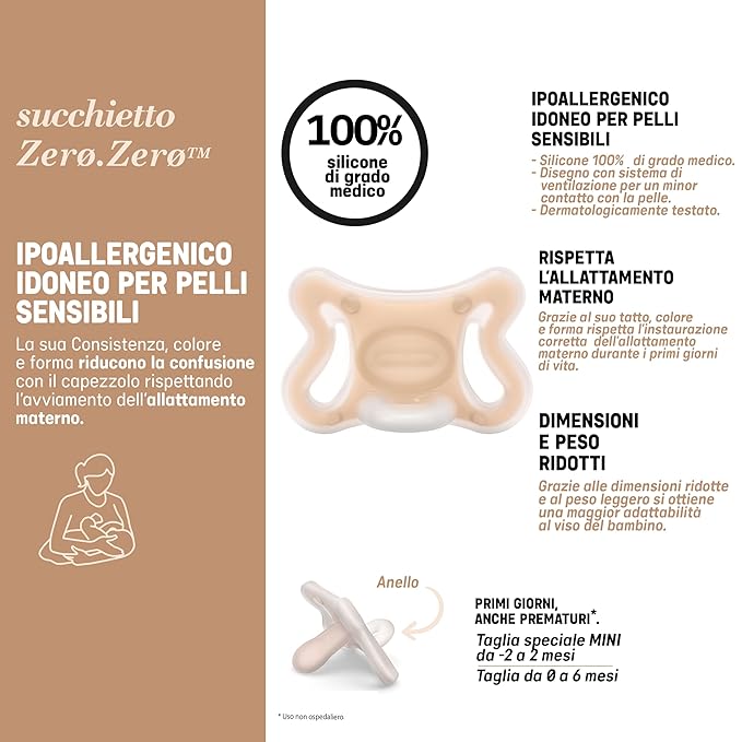 Suavinex Zero Zero Silicone Baby Pacifier w/SX Pro Physiological Pacifier Nipple (-2-2M), 2Pk, Fair