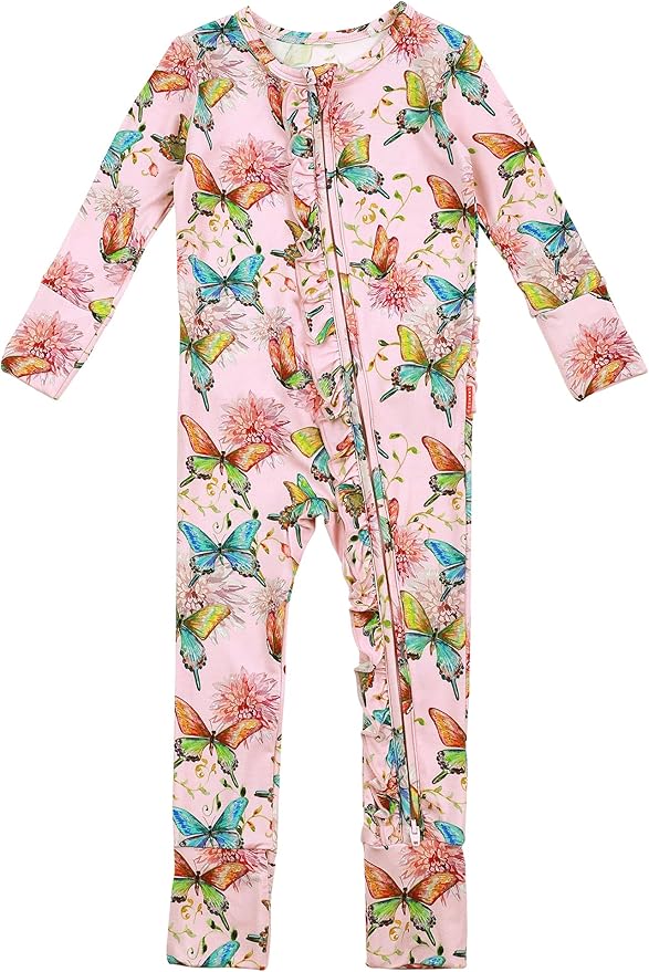 Bamboo Viscose Baby Girl Footless Pajamas Ruffled Baby Sleepers with 2 Way Zipper