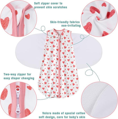 Newborn Sleep Sack Baby Swaddle,3-6 Months,3-Way Adjustable Wearable Blanket,100% Rayon Cotton Swaddling Sleeping Bag，TOG 0.5（Heart&Floral）