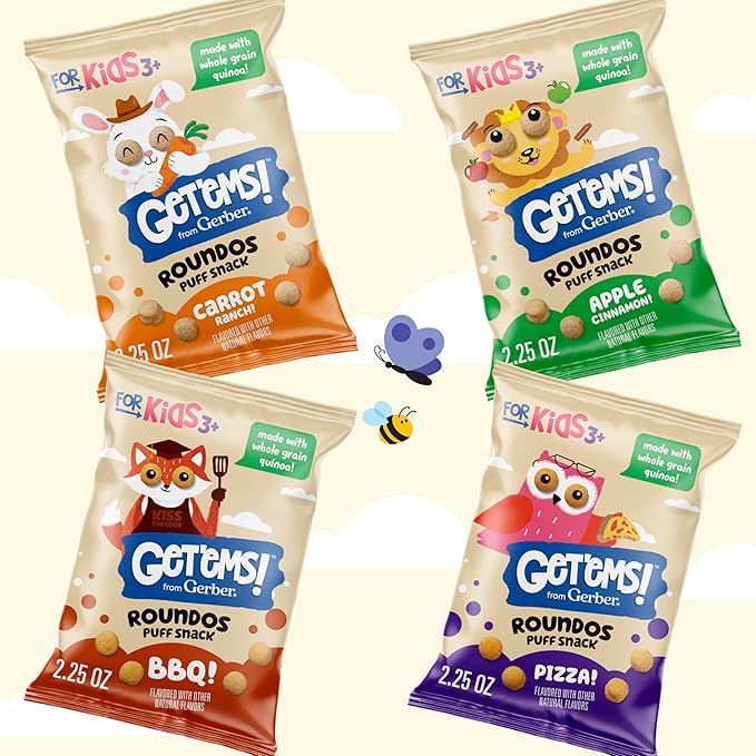 Get'ems! from Gerber, Snacks for Kids, Apple Cinnamon Roundos Puffs, Made with Whole Grain Quinoa, Calcium to Support Strong Bones - 5 pack