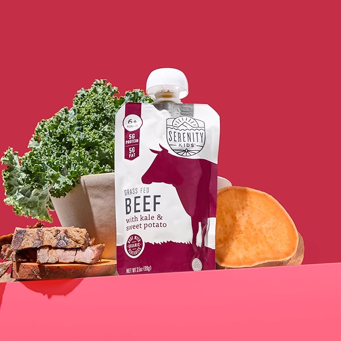 Serenity Kids 6+ Months Baby Food Pouches - Grass-Fed Beef Puree & Organic Sweet Potatoes - Protein Pouches for Toddler Snacks - Recyclable BPA-Free Packaging for Baby Snacks - 3.5 Oz, 6 Pack