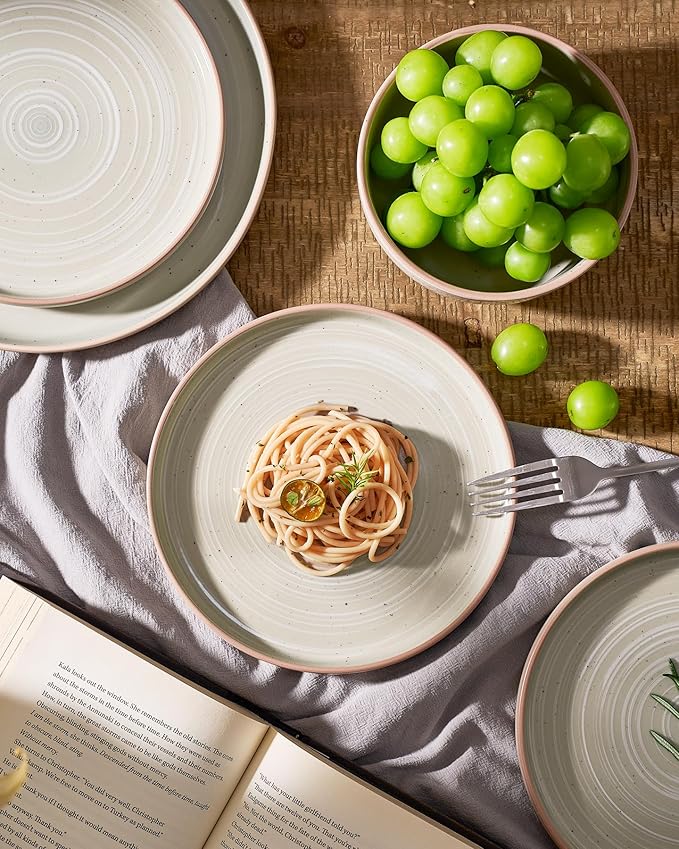 Famiware Meteor Plates and Bowls Sets, 24-Piece Stoneware Dinnerware Sets, Dishes Set for 8, Microwave and Dishwasher Safe Tableware, Matcha Green