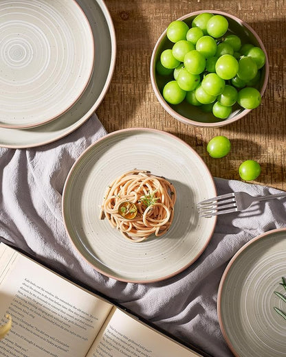 Famiware Meteor Plates and Bowls Sets, 18-Piece Stoneware Dinnerware Sets, Dishes Set for 6, Microwave and Dishwasher Safe Tableware, Matcha Green