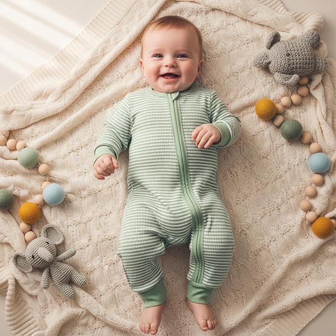 Karuedoo Newborn Infant Baby Boy Clothes Striped Waffle Long Sleeve Zipper Romper Jumpsuit One-Piece Fall Winter Outfit