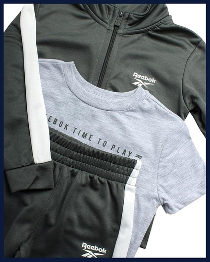 Reebok Baby Boy Pants Set - 3 Piece Tricot Fleece Jogger Pants Short Sleeve T Shirt & Track Jacket for Toddlers & Infants